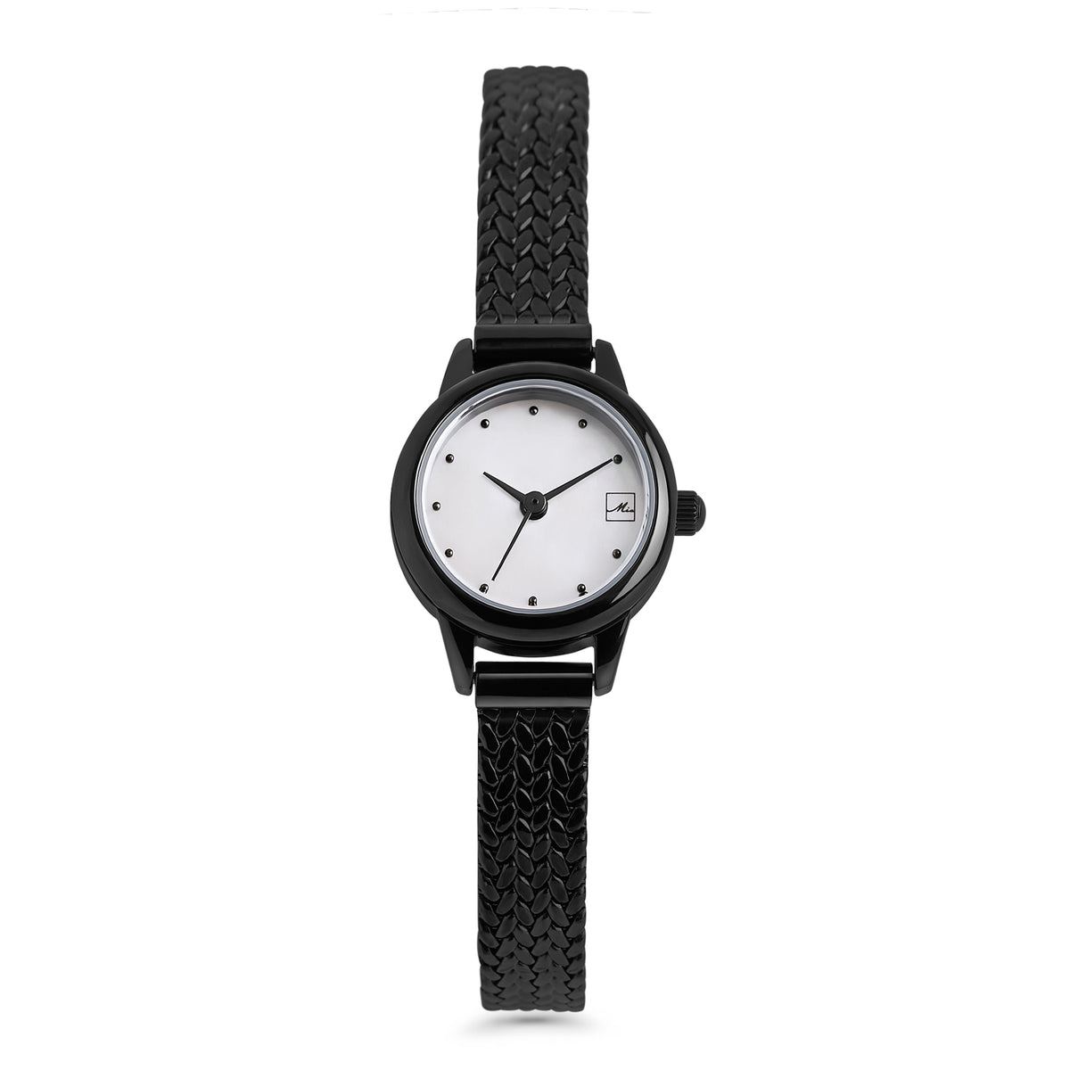 Black stainless steel women's watch with white minimalist dial and textured black bracelet strap, elegant modern timepiece, durable fashion watch Canada.