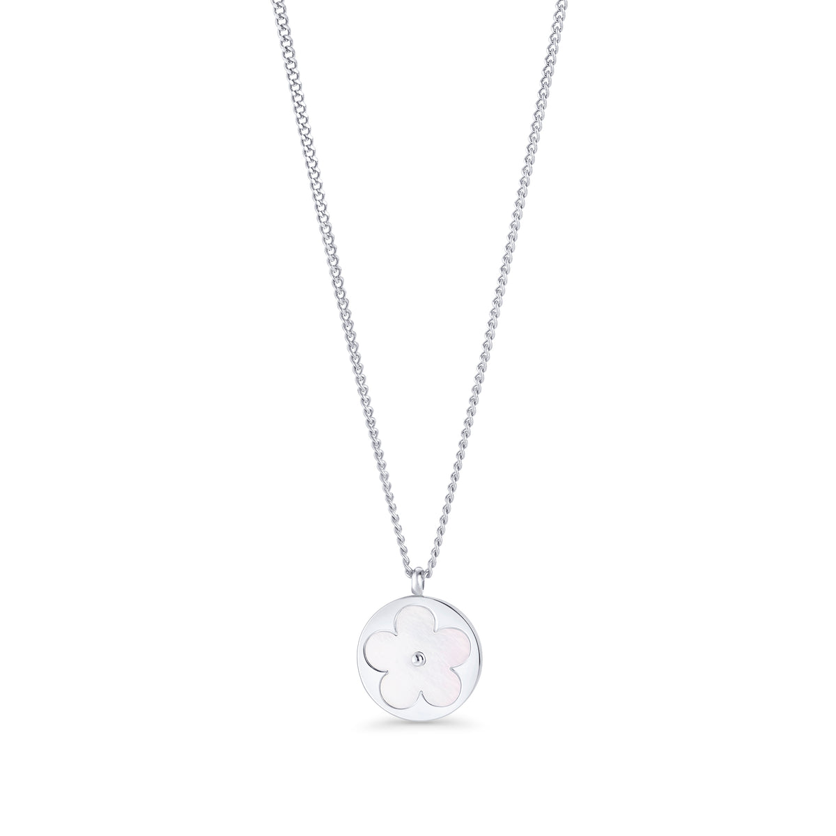 Silver chain necklace with a round mother-of-pearl flower pendant on a white background. Waterproof, stainless steel and allergy free. By Mia Bijoux Canada.
Collier à chaîne argentée avec pendentif rond à fleur blanche nacrée sur fond blanc. Résistant à l'eau, en acier inoxydable et hypoallergénique. Par Mia Bijoux Canada.