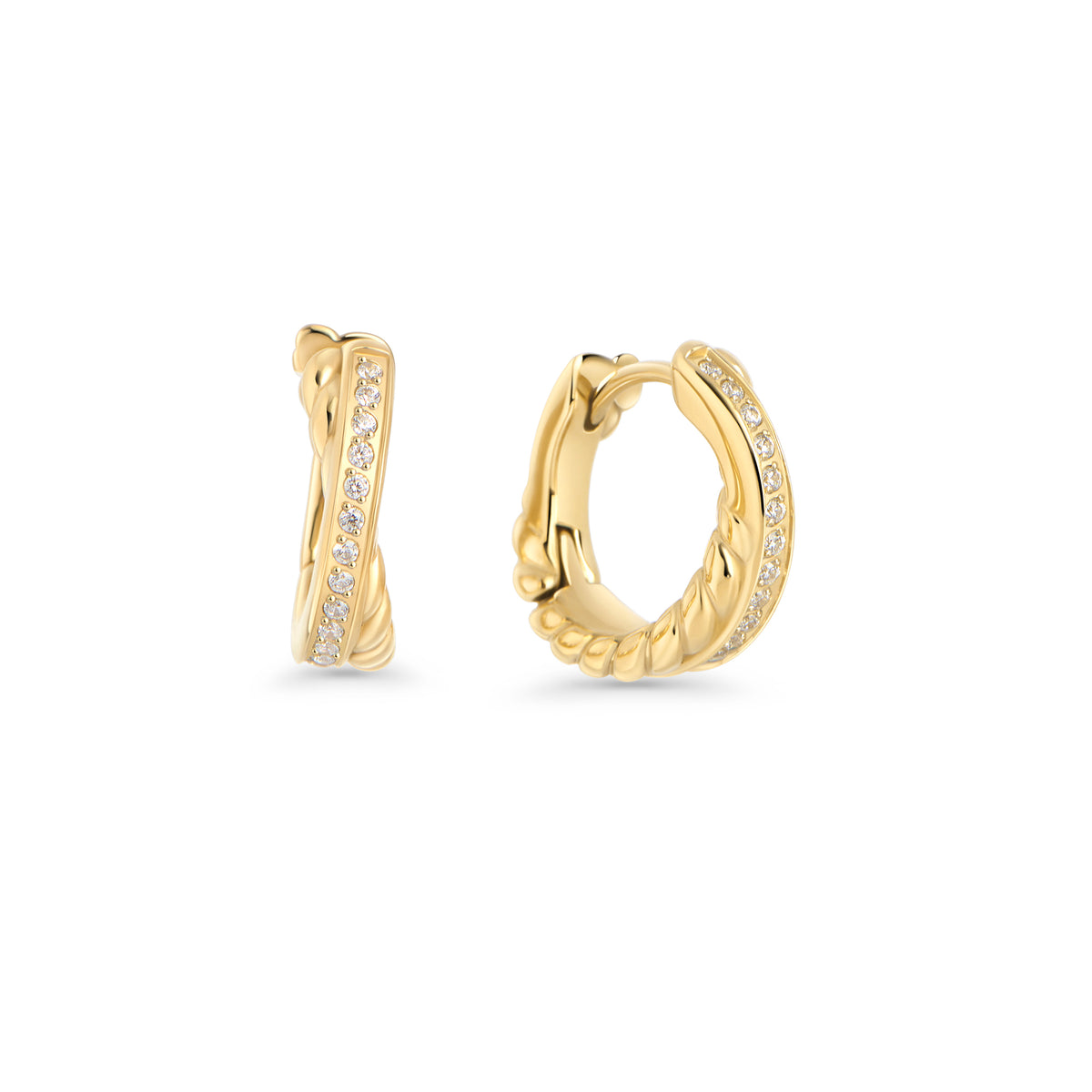 Gold stainless steel twisted huggie hoop earrings with cubic zirconia pavé stones, hypoallergenic earrings for sensitive ears, tarnish-resistant durable minimalist everyday jewelry Canada.
