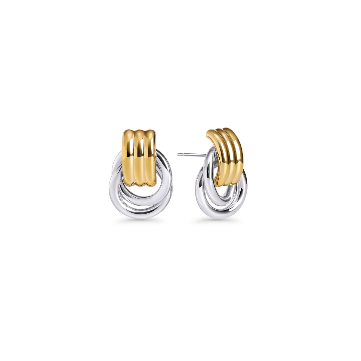 Two-tone stud earrings with a grooved top and interlocking rings on a white background. Nickel-free and waterproof jewelry by Mia Bijoux Canada.
Boucles d'oreilles deux tons à dessus rainuré et anneaux entrelacés sur fond blanc. Bijoux sans nickel et résistants à l'eau par Mia Bijoux Canada.