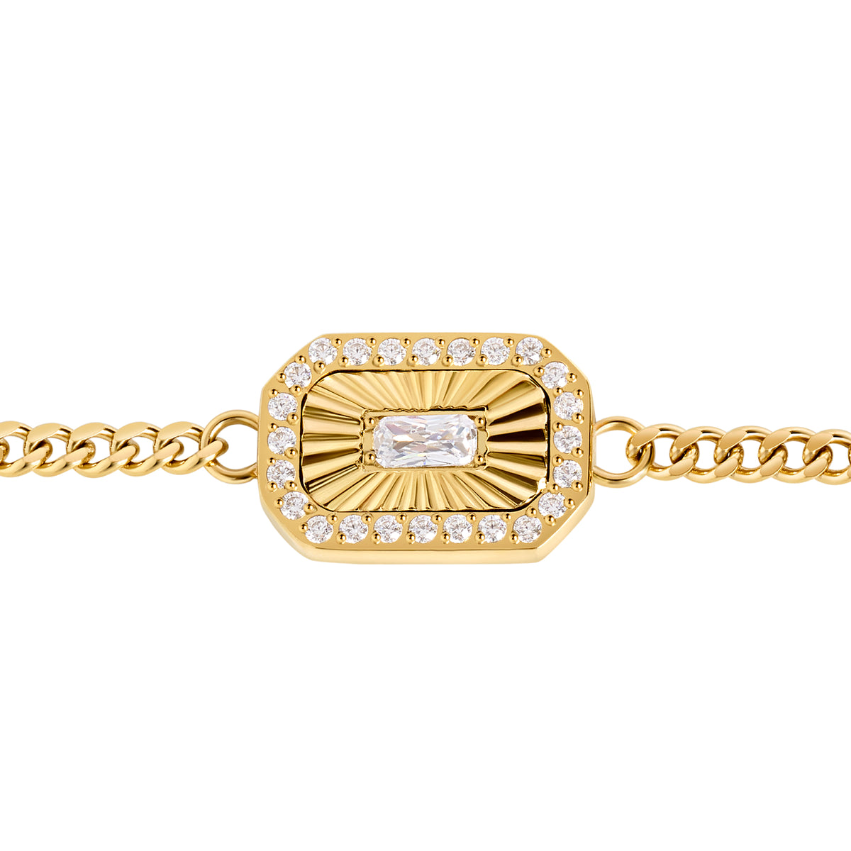 A gold-toned chain bracelet featuring a rectangular sunburst charm with a central clear baguette gemstone, surrounded by a border of small round clear stones, shown on a plain white background. Jewelry by Mia Bijoux Canada.
Un bracelet à maillons doré orné d'un pendentif rectangulaire à motif rayonnant, serti d'une pierre transparente taille baguette au centre, entourée d'une bordure de petites pierres rondes transparentes, présenté sur fond blanc uni. Bijoux par Mia Bijoux Canada.