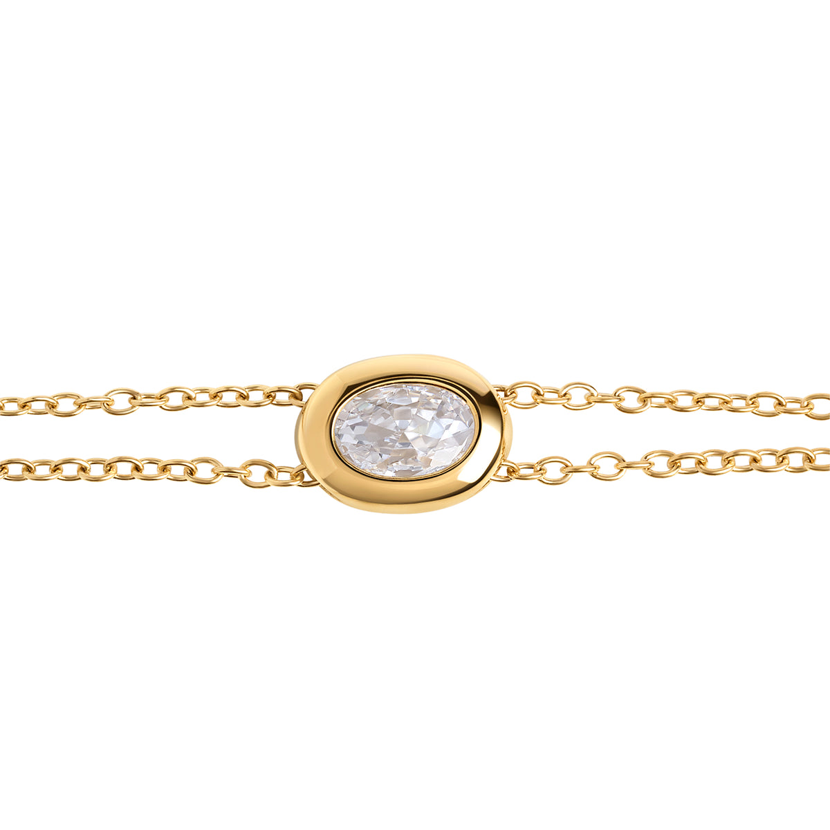 Close-up of a double gold chain bracelet with an oval clear stone centerpiece, shown on a clean white background. Waterproof, stainless steel and allergy free. By Mia Bijoux Canada.
Gros plan d'un bracelet à double chaîne dorée orné d'une pierre transparente ovale en son centre, présenté sur fond blanc épuré. Résistant à l'eau, en acier inoxydable et hypoallergénique. Par Mia Bijoux Canada.