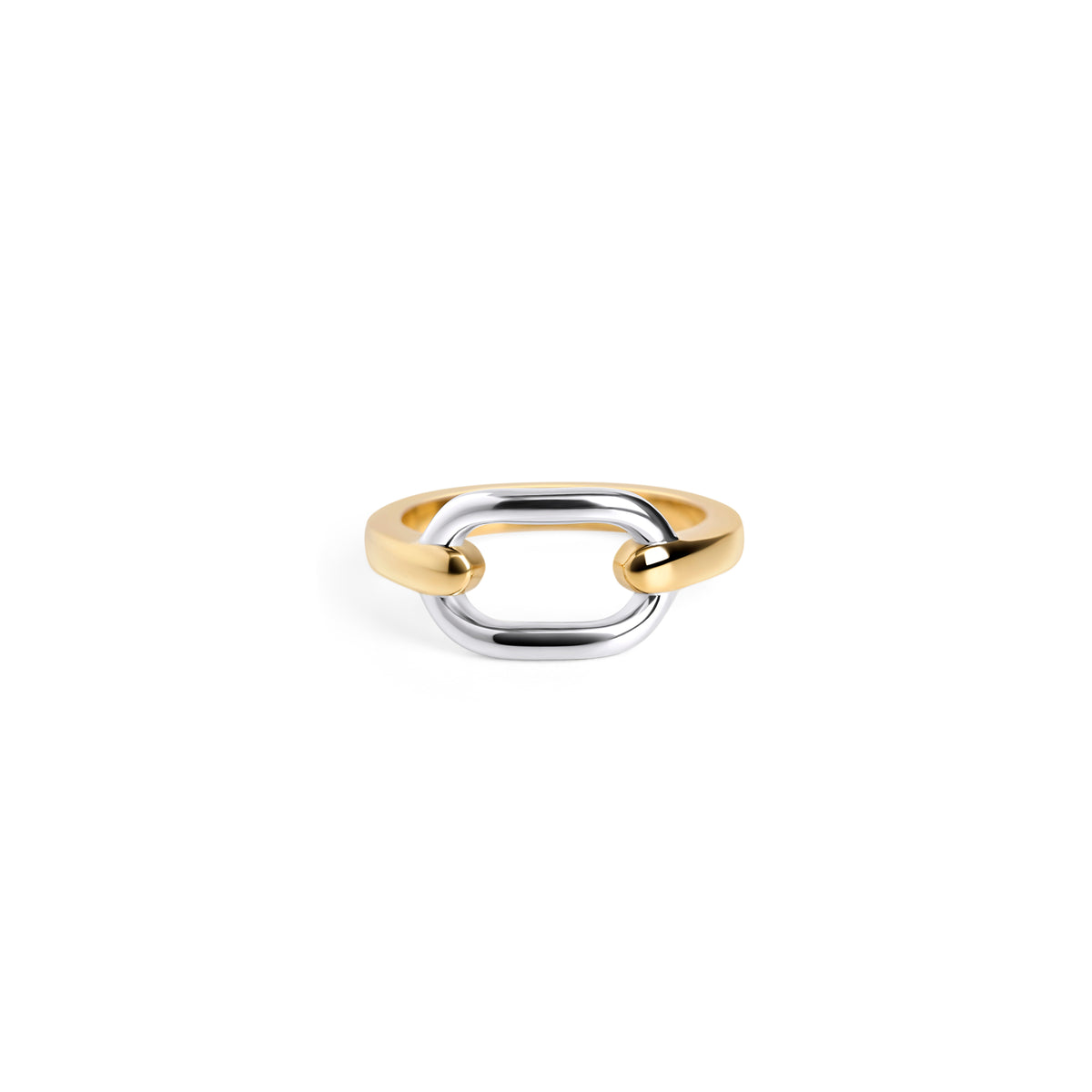 Front view of a polished two-tone ring with an open interlocking link design on a white background. Nickel-free, waterproof & tarnish-resistant stainless steel ring for sensitive skin, minimalist luxury jewelry by Mia Bijoux Canada.
Vue de face d'une bague deux tons polie au design de maillons entrelacés ouverts sur fond blanc. Bague en acier inoxydable sans nickel, résistante à l'eau et anti-ternissement pour peaux sensibles, bijouterie de luxe minimaliste par Mia Bijoux Canada.
