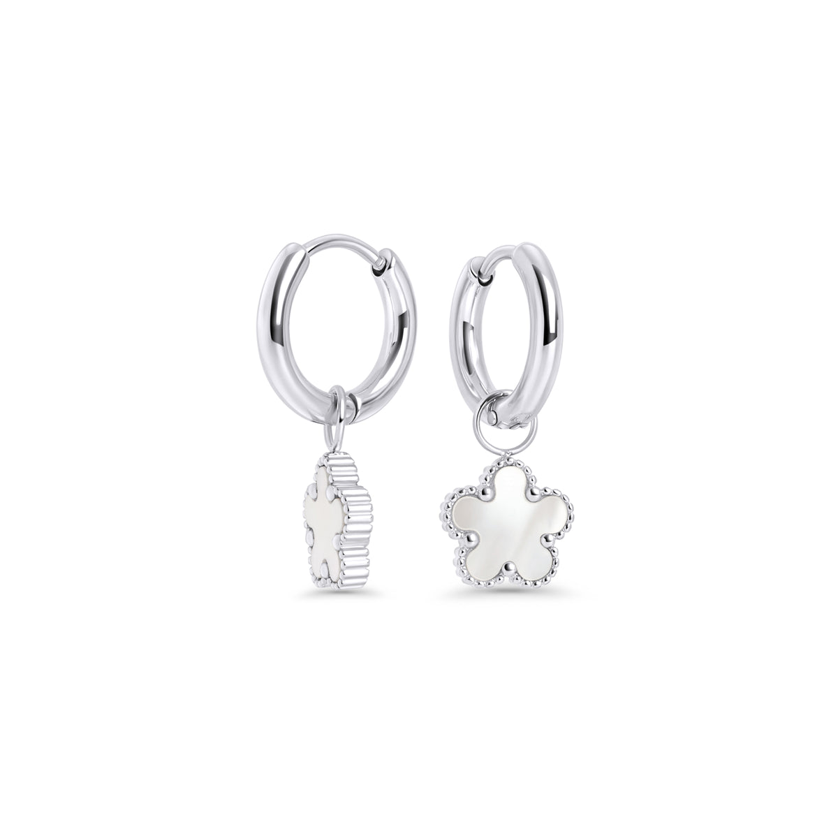 Silver stainless steel hoop earrings with dangling white flower charms, hypoallergenic and tarnish-free, designed for sensitive ears. Lightweight everyday jewelry, water-resistant, perfect for modern women in Canada and Toronto seeking durable, stylish hoops.