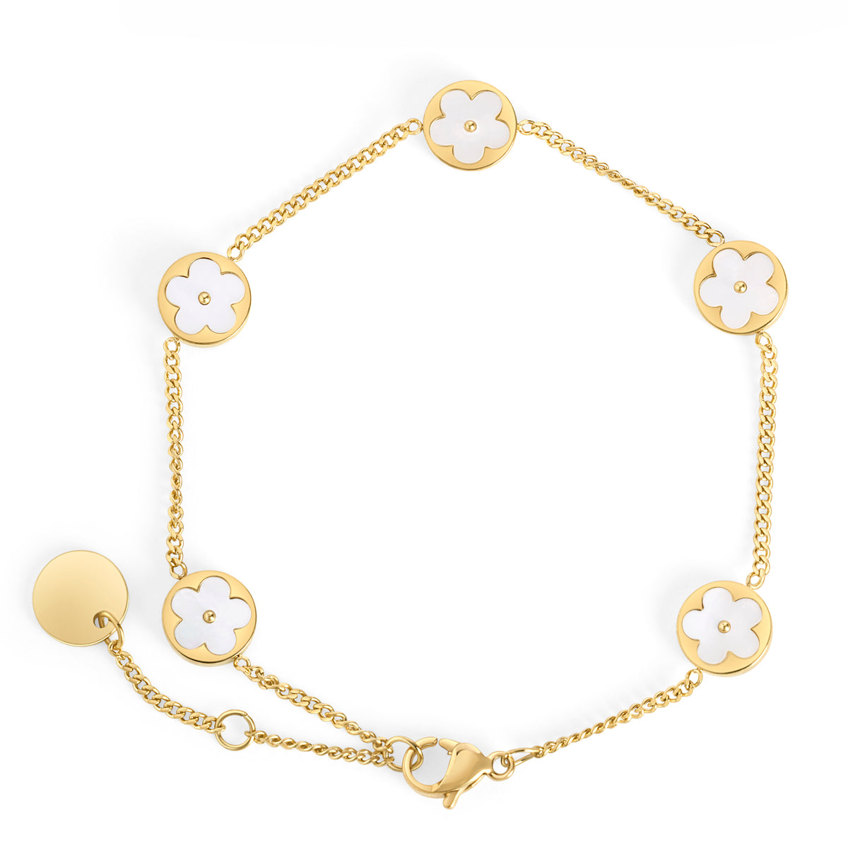Gold chain bracelet with five round mother-of-pearl flower charms on a white background. Waterproof, stainless steel and allergy free. By Mia Bijoux Canada.
Bracelet à maillons doré orné de cinq pastilles rondes à fleur en nacre sur fond blanc. Résistant à l'eau, en acier inoxydable et hypoallergénique. Par Mia Bijoux Canada.