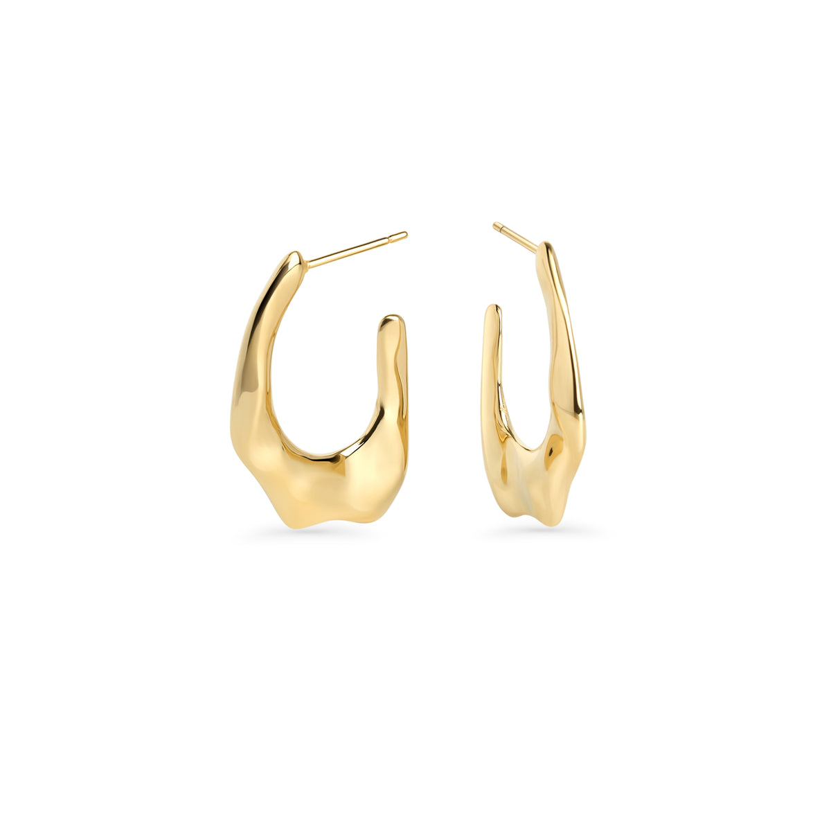 Gold stainless steel sculptural hoop earrings with organic fluid design, hypoallergenic earrings for sensitive ears, non-tarnish durable contemporary statement jewelry Canada.