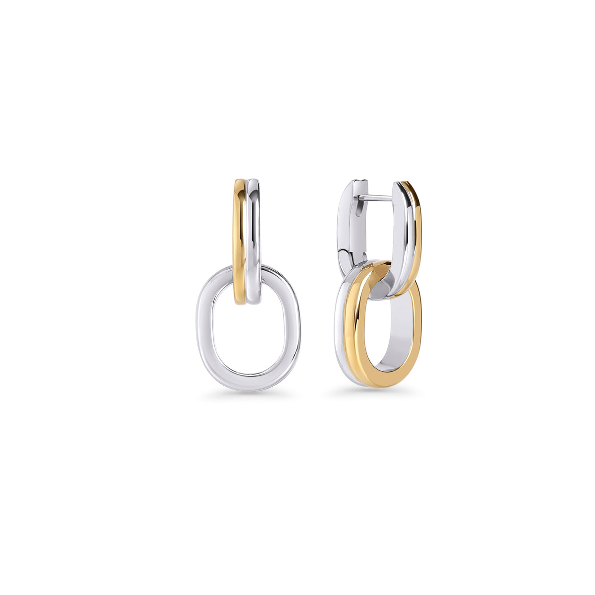 Two-tone drop earrings with two interlocking oval links on a white background. Nickel-free and waterproof jewelry by Mia Bijoux Canada.
Boucles d'oreilles pendantes deux tons à deux maillons ovales entrelacés sur fond blanc. Bijoux sans nickel et résistants à l'eau par Mia Bijoux Canada.