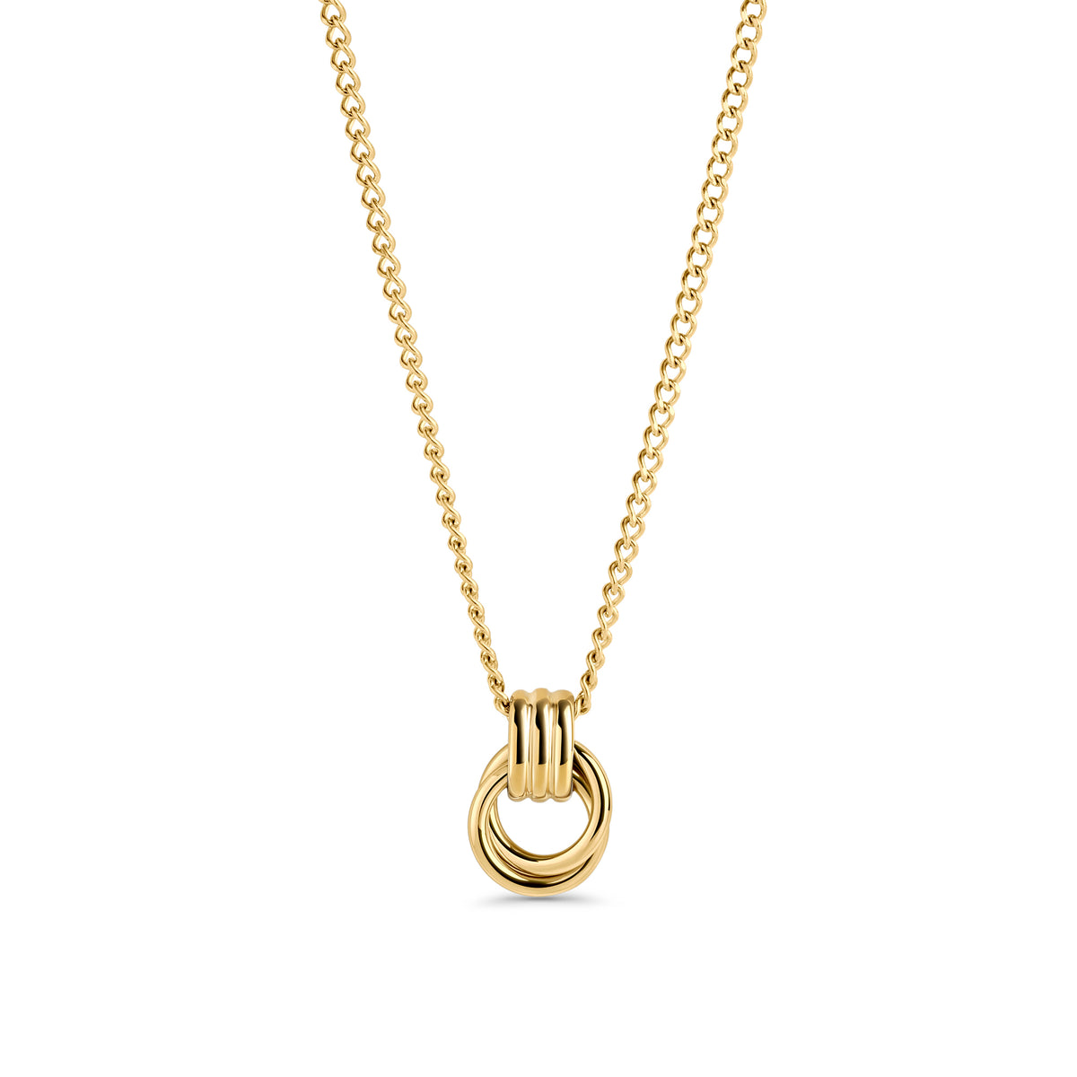 A gold chain necklace with a grooved circle pendant, shown on a clean white background. Waterproof, stainless steel and allergy free. By MIAJWL.

Collier à chaîne dorée avec pendentif cercle rainuré, présenté sur fond blanc épuré. Résistant à l'eau, en acier inoxydable et hypoallergénique. Par MIAJWL.