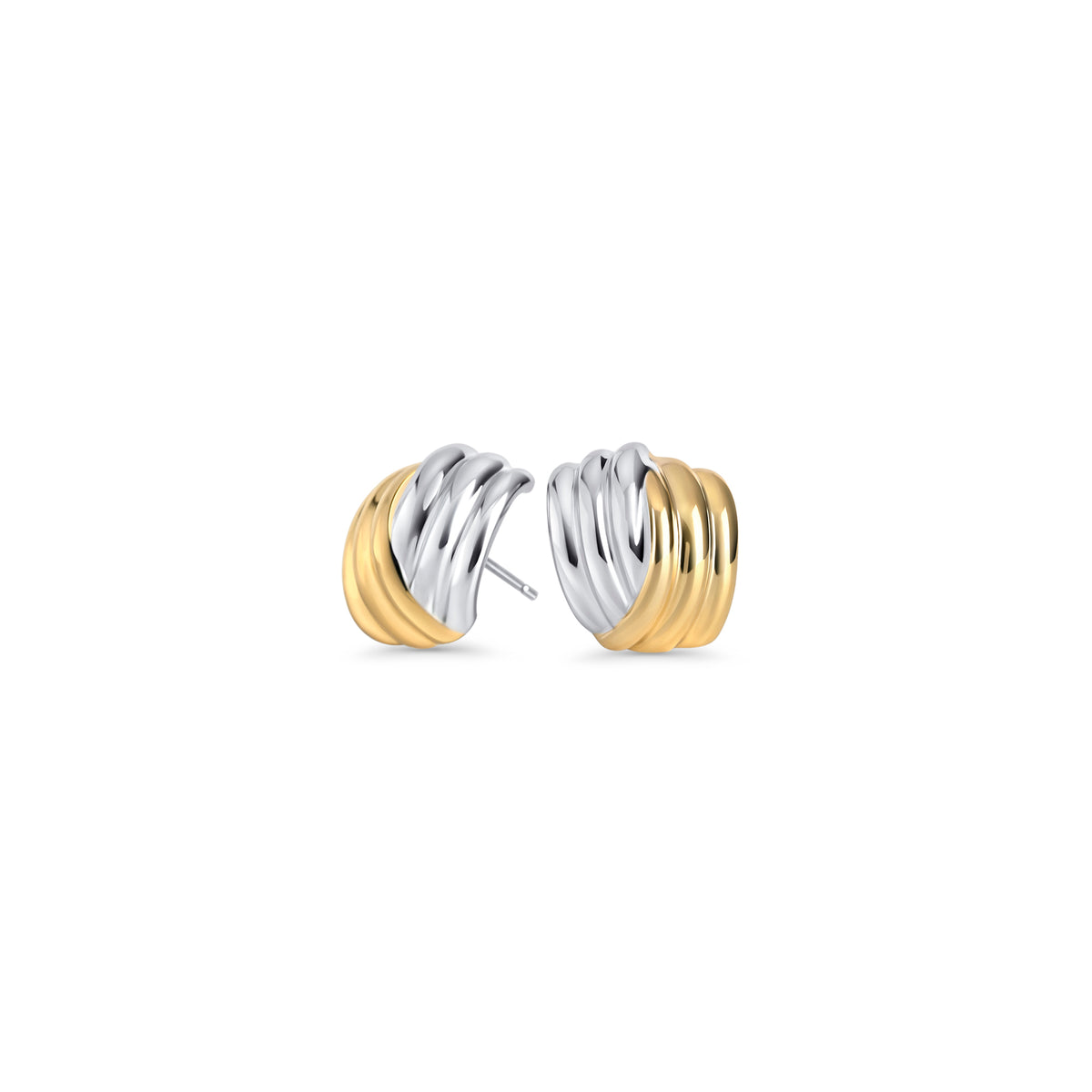 Two-tone stud earrings with a curved ribbed design on a white background. Nickel-free and waterproof jewelry by Mia Bijoux Canada.

Boucles d'oreilles deux tons au design courbé à rainures sur fond blanc. Bijoux sans nickel et résistants à l'eau par Mia Bijoux Canada.