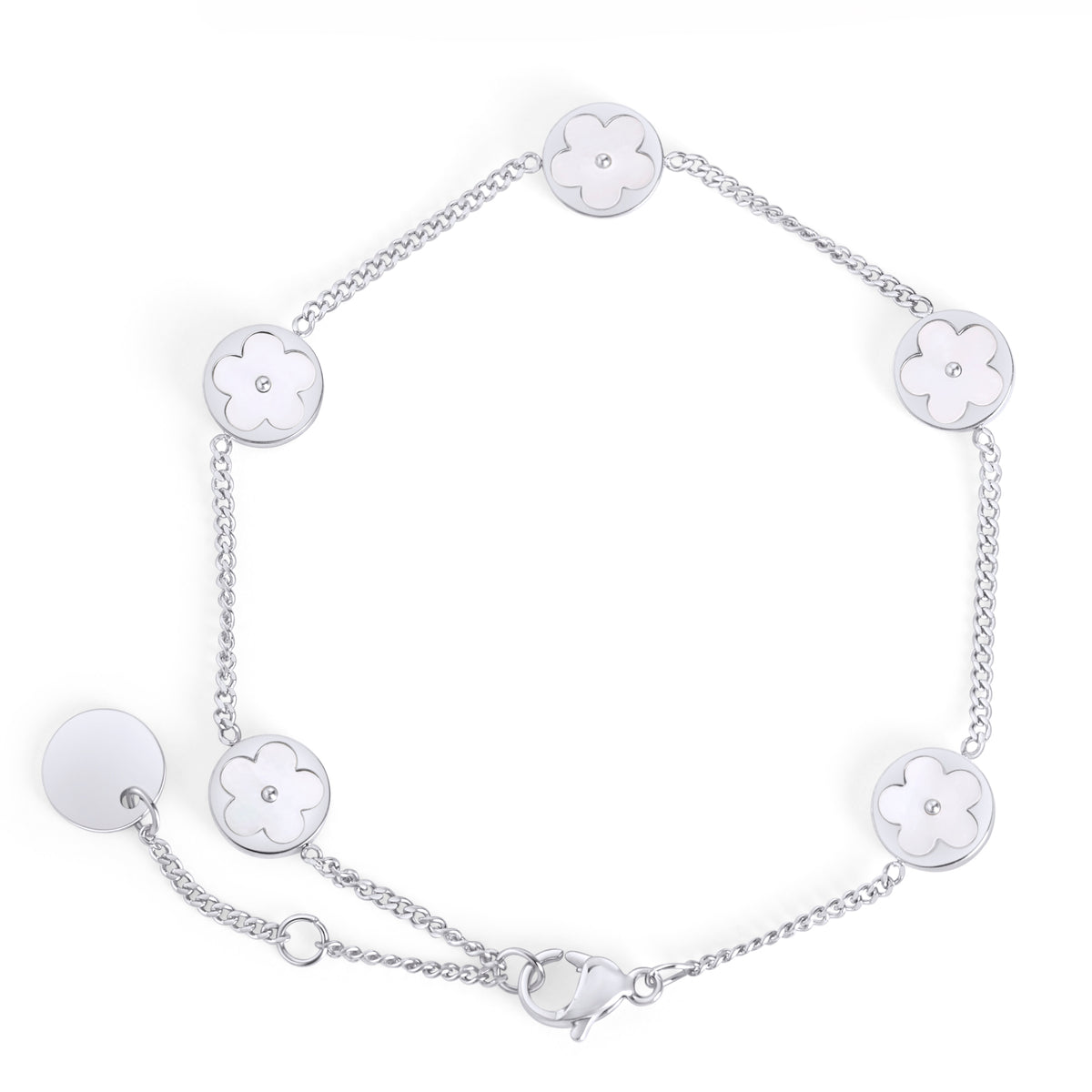 Silver chain bracelet with five round mother-of-pearl flower charms on a white background. Waterproof, stainless steel and allergy free. By Mia Bijoux Canada.

Bracelet à maillons argenté orné de cinq pastilles rondes à fleur en nacre sur fond blanc. Résistant à l'eau, en acier inoxydable et hypoallergénique. Par Mia Bijoux Canada.