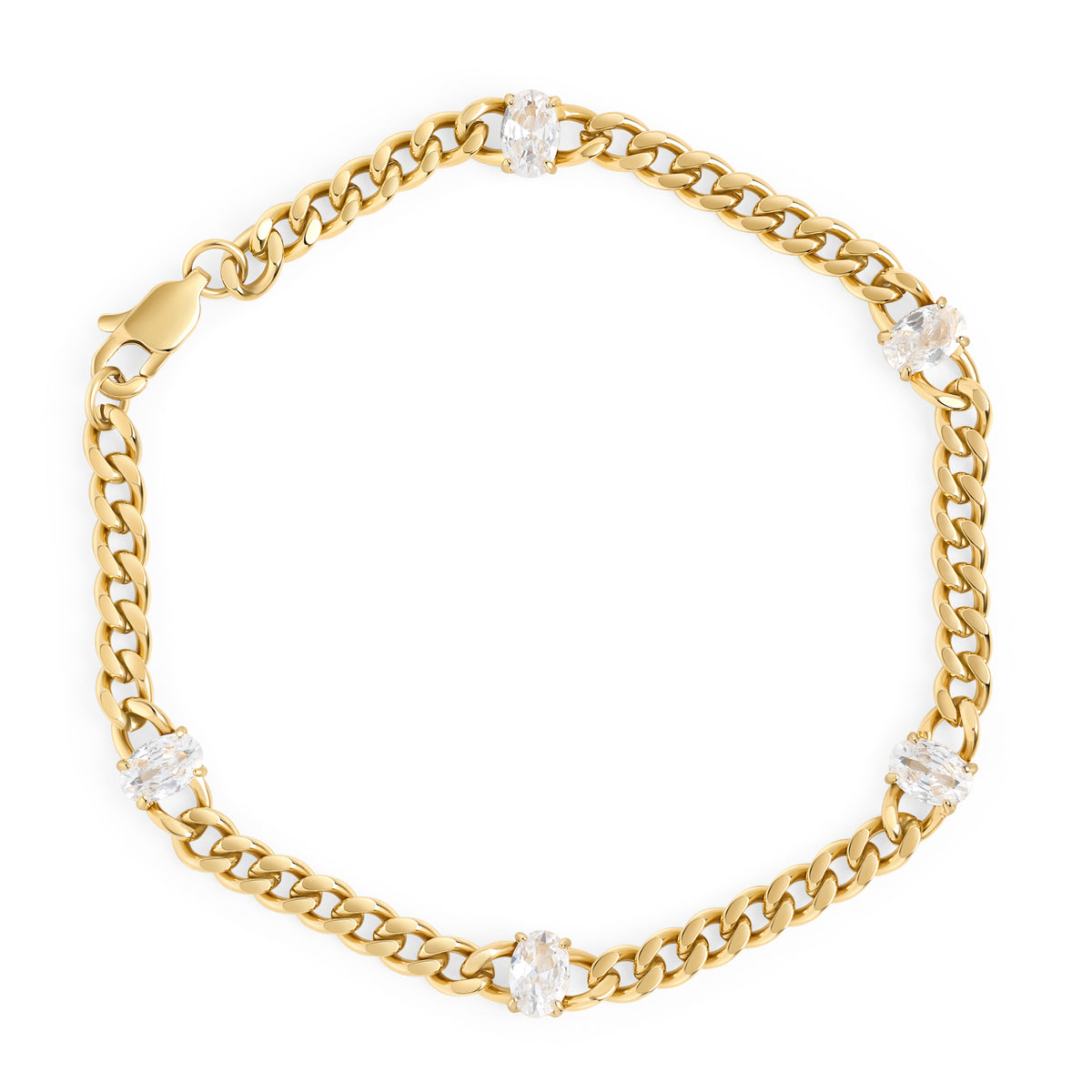 Gold curb chain bracelet with oval cubic zirconia stones – hypoallergenic, waterproof & non-tarnish stainless steel bracelet for sensitive skin, affordable luxury jewelry by Mia Bijoux Canada