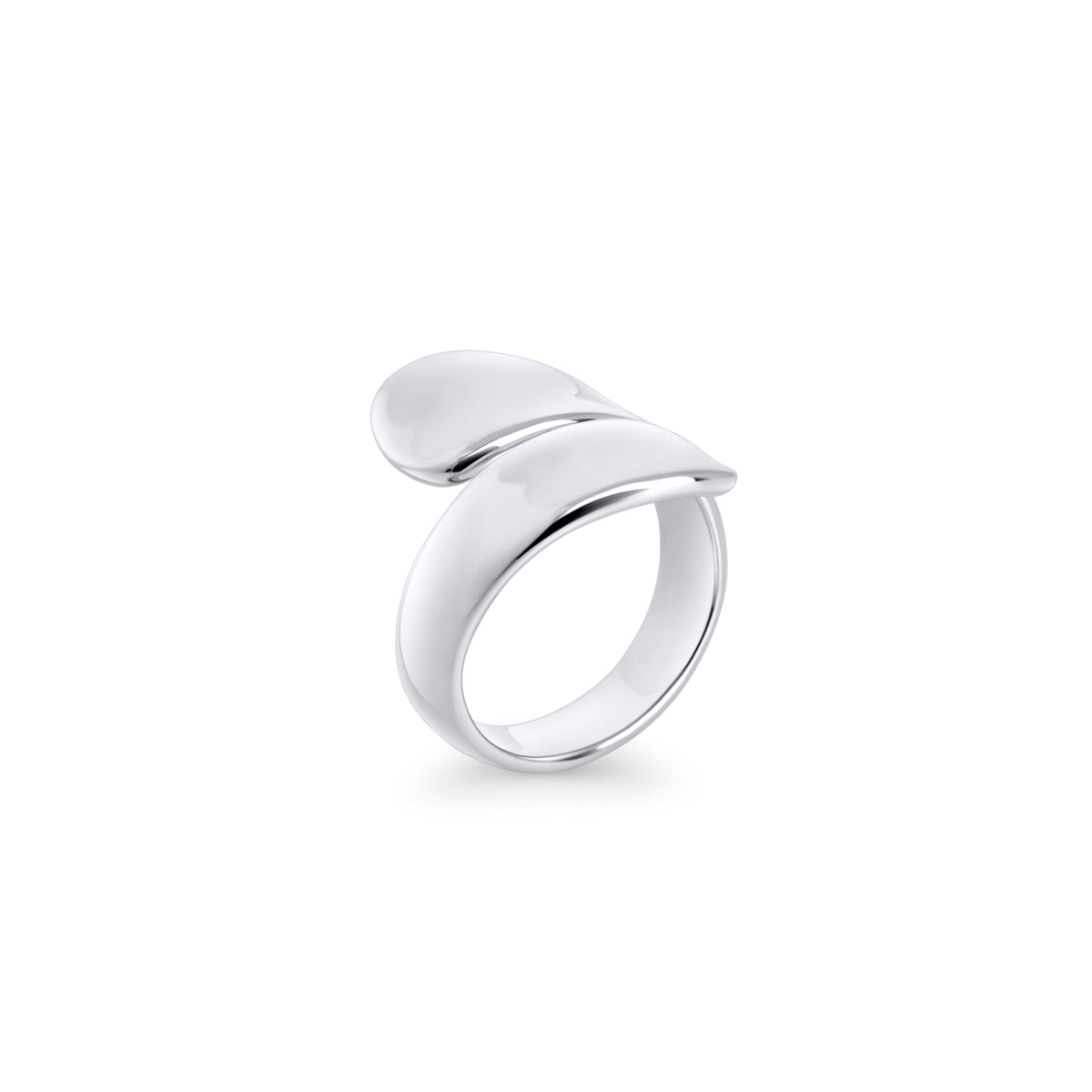 Silver stainless steel sculptural wrap ring with fluid organic curves, modern bold statement design, hypoallergenic non-tarnish durable ring, contemporary fashion jewelry.
