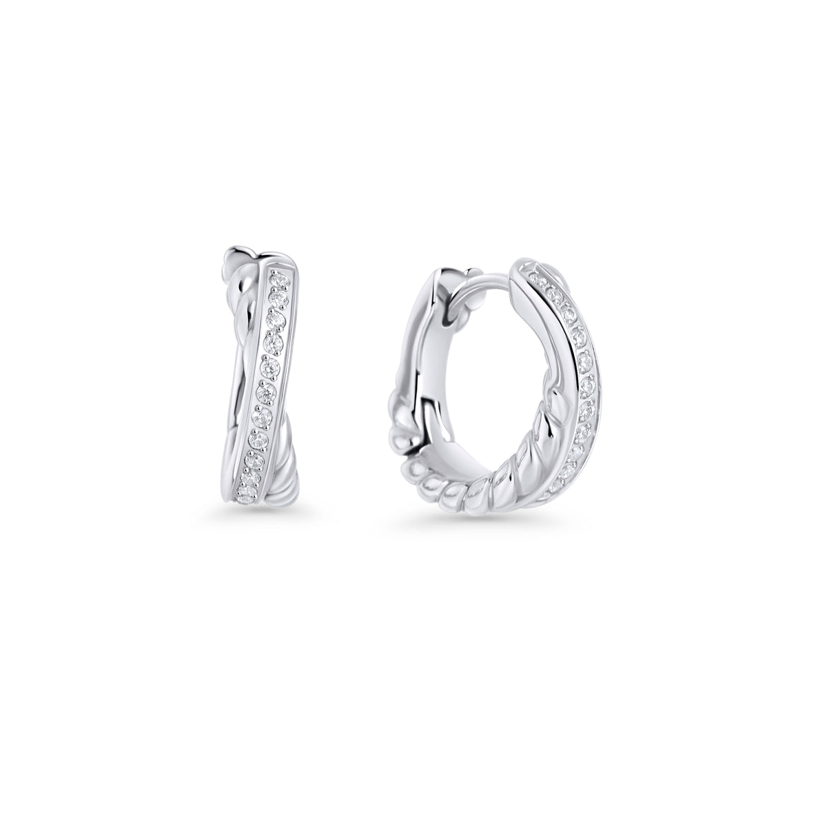 Silver stainless steel twisted huggie hoop earrings with cubic zirconia pavé stones, hypoallergenic earrings for sensitive ears, tarnish-resistant durable minimalist everyday jewelry Canada.