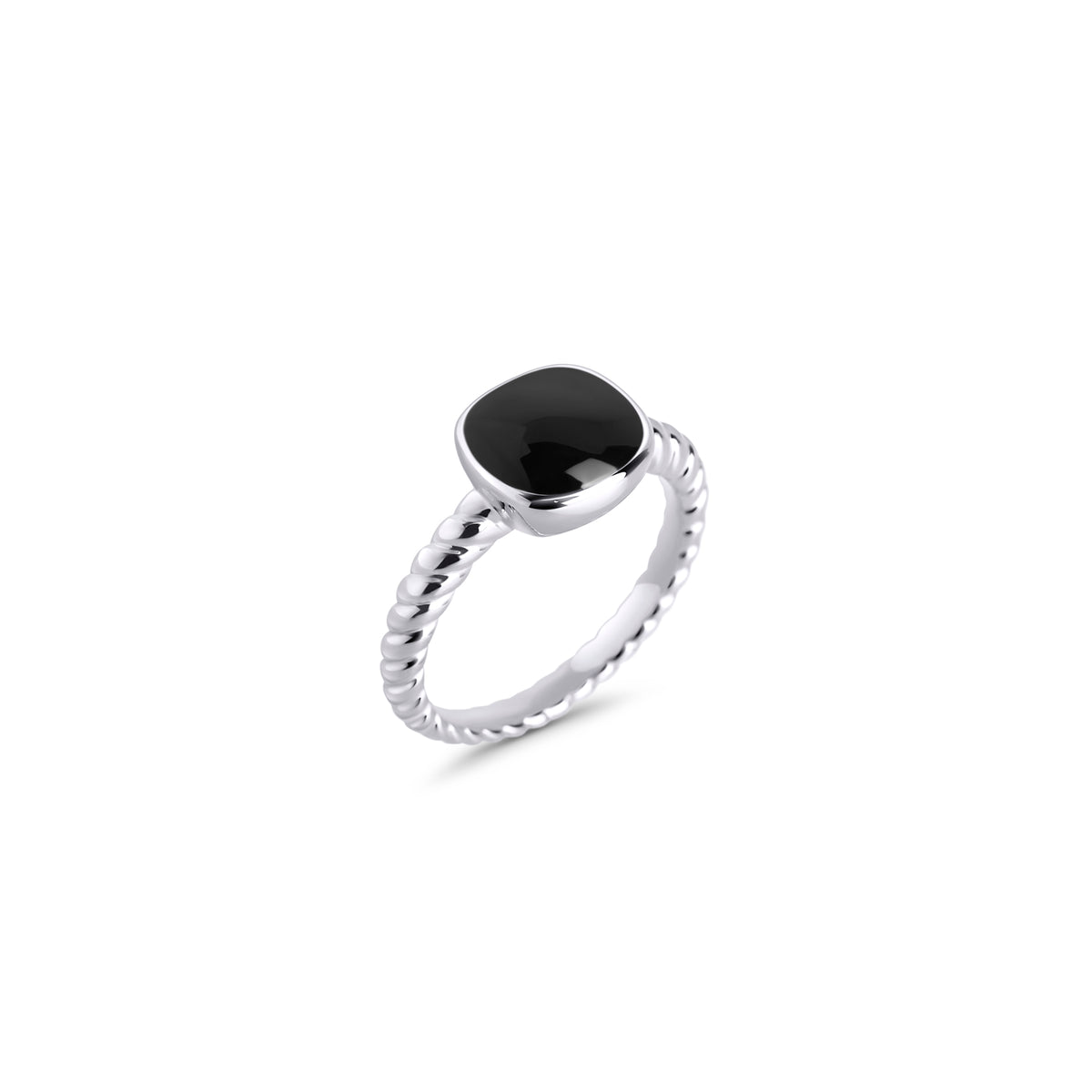 Silver stainless steel ring with black gemstone, twisted band design with polished oval stone, bold minimalist statement ring with modern elegant style.