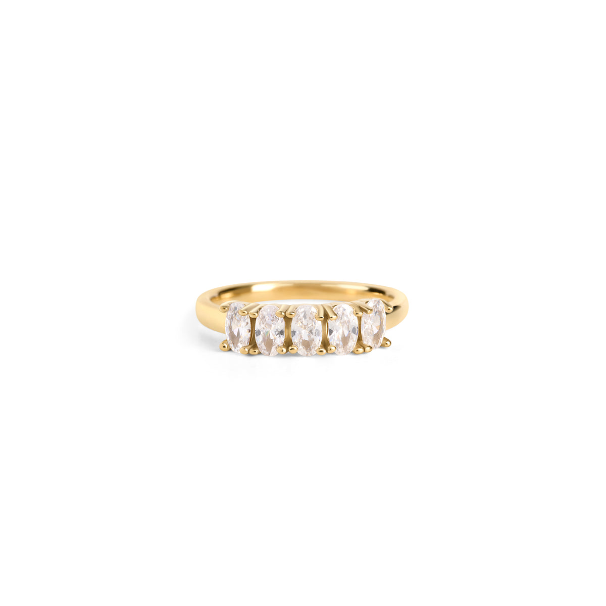 Front view of a delicate gold ring set with a row of oval clear stones on a white background. Nickel-free, waterproof & tarnish-resistant stainless steel ring for sensitive skin, minimalist luxury jewelry by Mia Bijoux Canada.

Vue de face d'une bague délicate dorée sertie d'une rangée de pierres transparentes ovales sur fond blanc. Bague en acier inoxydable sans nickel, résistante à l'eau et anti-ternissement pour peaux sensibles, bijouterie de luxe minimaliste par Mia Bijoux Canada.