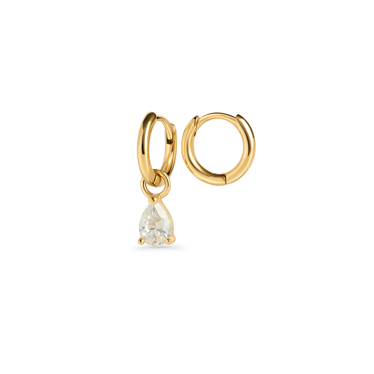 Gold hoop earrings with a pear-cut clear stone pendant on a white background. 2-in-1. Nickel-free and waterproof jewelry by Mia Bijoux Canada.

Boucles d'oreilles anneaux dorées avec pendentif serti d'une pierre transparente taille poire sur fond blanc. 2 en 1. Bijoux sans nickel et résistants à l'eau par Mia Bijoux Canada.
