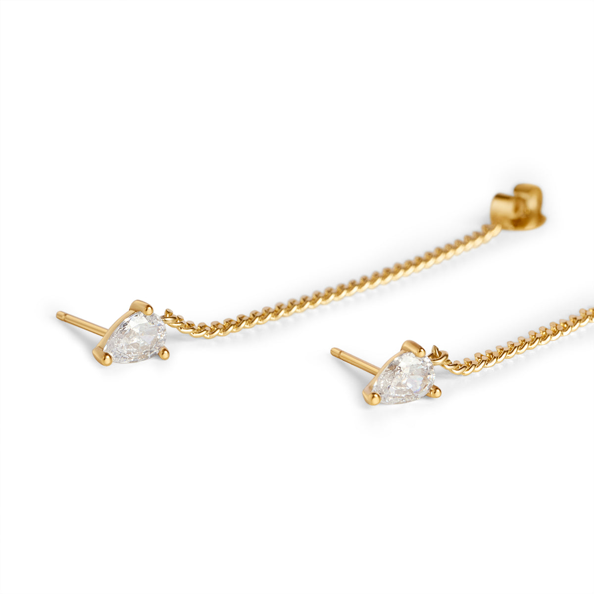 Close-up of a pair of gold chain earrings with pear-cut clear gemstones in prong settings, shown on a clean white background.

Gros plan sur une paire de boucles d'oreilles dorées à chaînette, serties de pierres transparentes taille poire sur griffes, présentées sur fond blanc épuré.