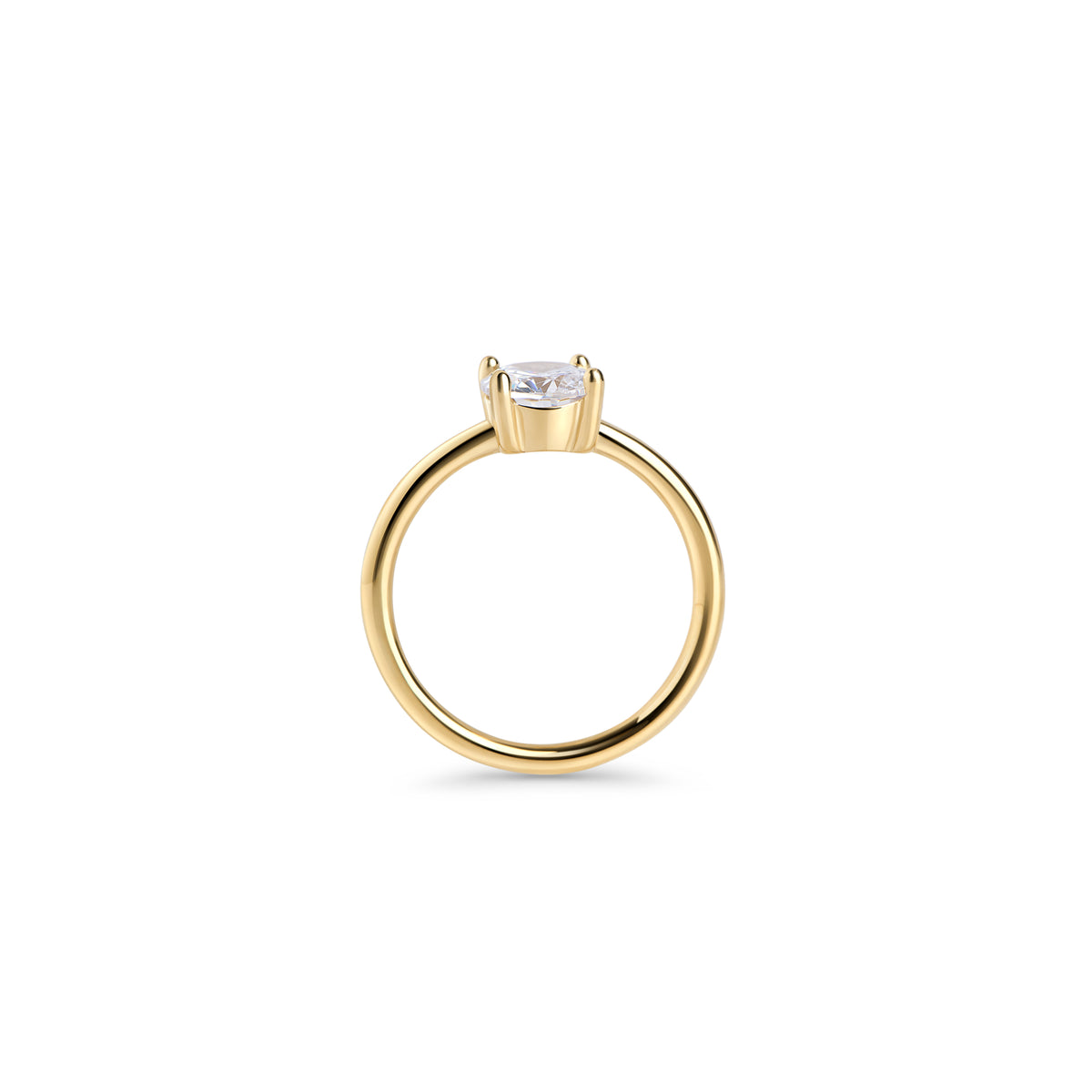 Gold stainless steel solitaire ring with round cubic zirconia, classic engagement-style ring design, durable minimalist jewelry with brilliant stone for an elegant timeless look.

