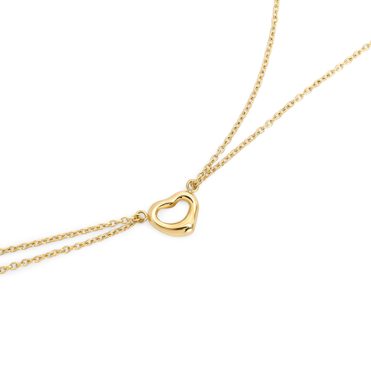 Gold stainless steel heart pendant necklace with delicate chain, minimalist romantic jewelry, hypoallergenic non-tarnish durable everyday necklace, elegant modern heart jewelry.

