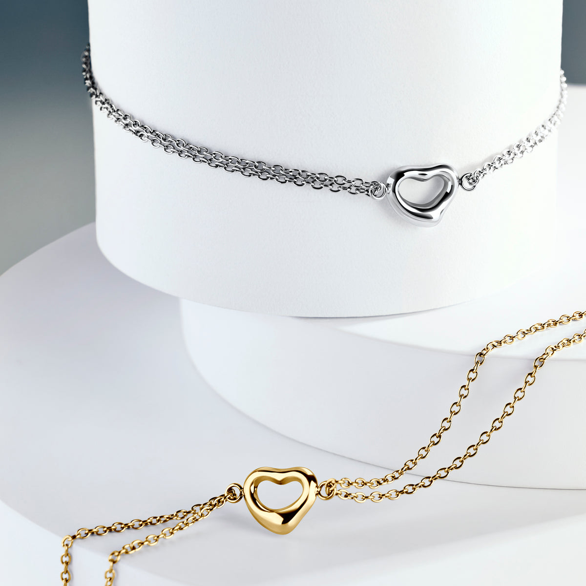 Gold and silver dainty open heart double chain bracelets – nickel-free, waterproof & tarnish-resistant stainless steel bracelets for women, top-rated jewelry gift for daughter by Mia Bijoux Canada