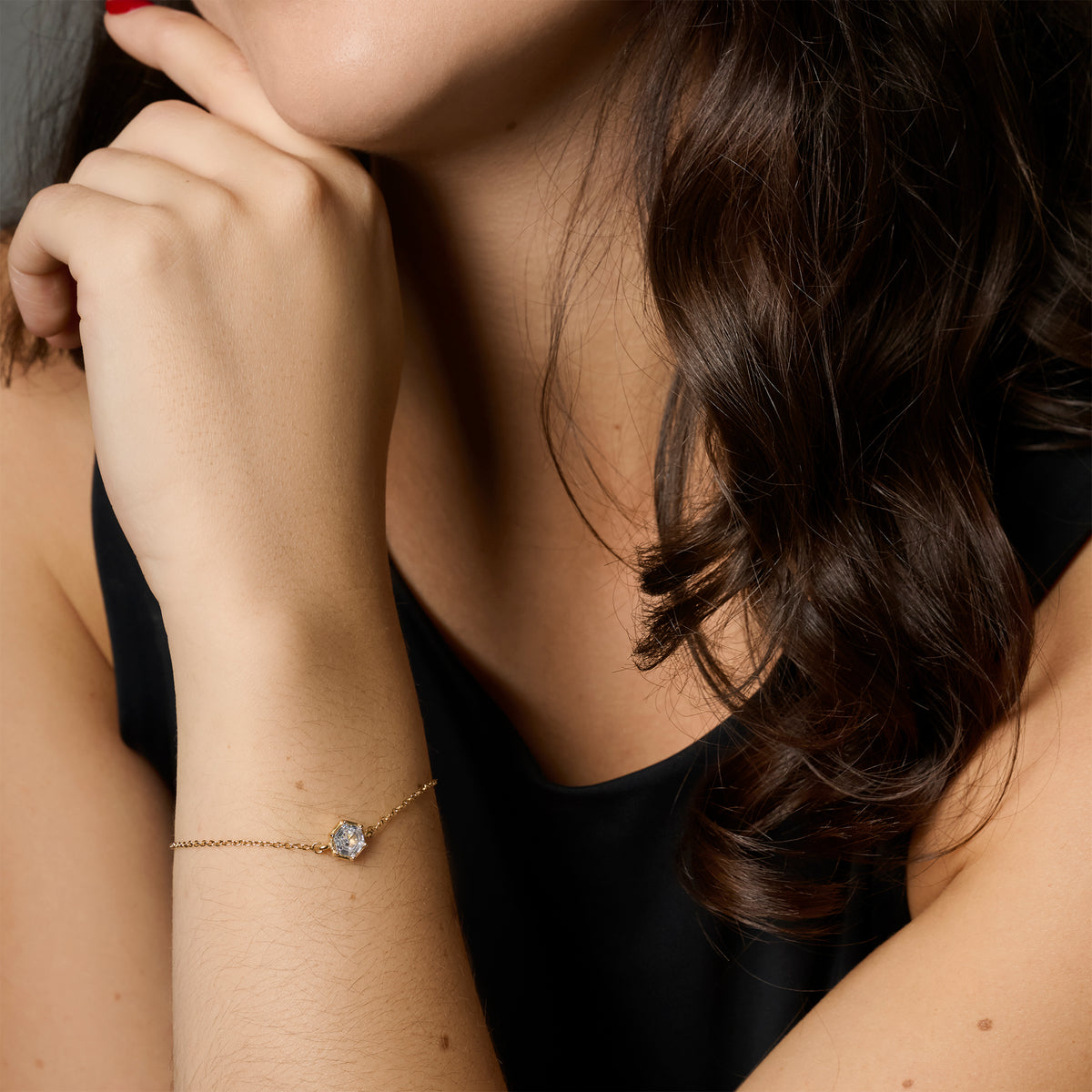 Gold stainless steel bracelet with hexagon cubic zirconia solitaire charm, delicate minimalist chain bracelet, hypoallergenic non-tarnish durable everyday jewelry Canada.