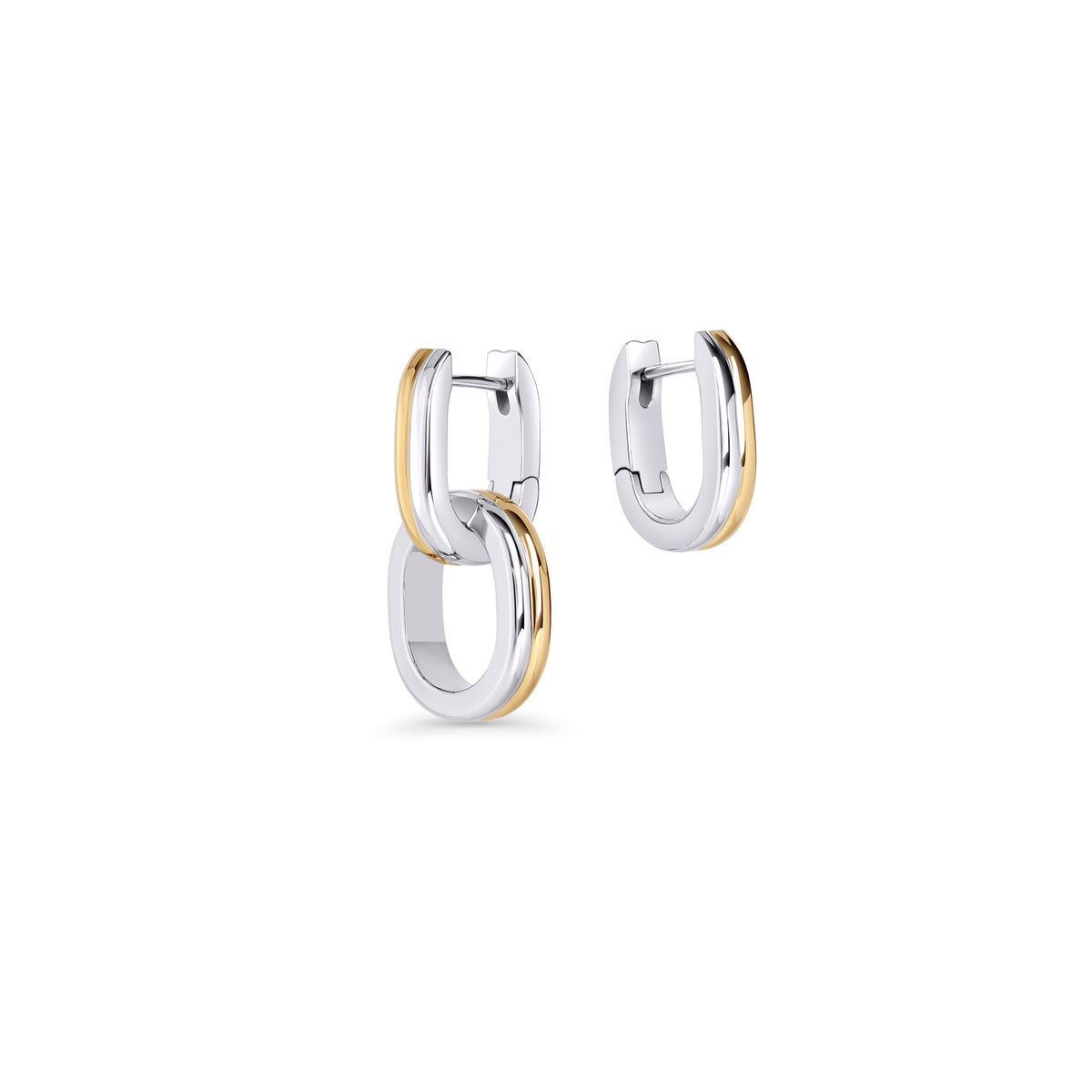 Two-tone drop earrings with two interlocking oval links on a white background. Nickel-free and waterproof jewelry by Mia Bijoux Canada. 2-in-1.

Boucles d'oreilles pendantes deux tons à deux maillons ovales entrelacés sur fond blanc. Bijoux sans nickel et résistants à l'eau par Mia Bijoux Canada. 2 en 1.