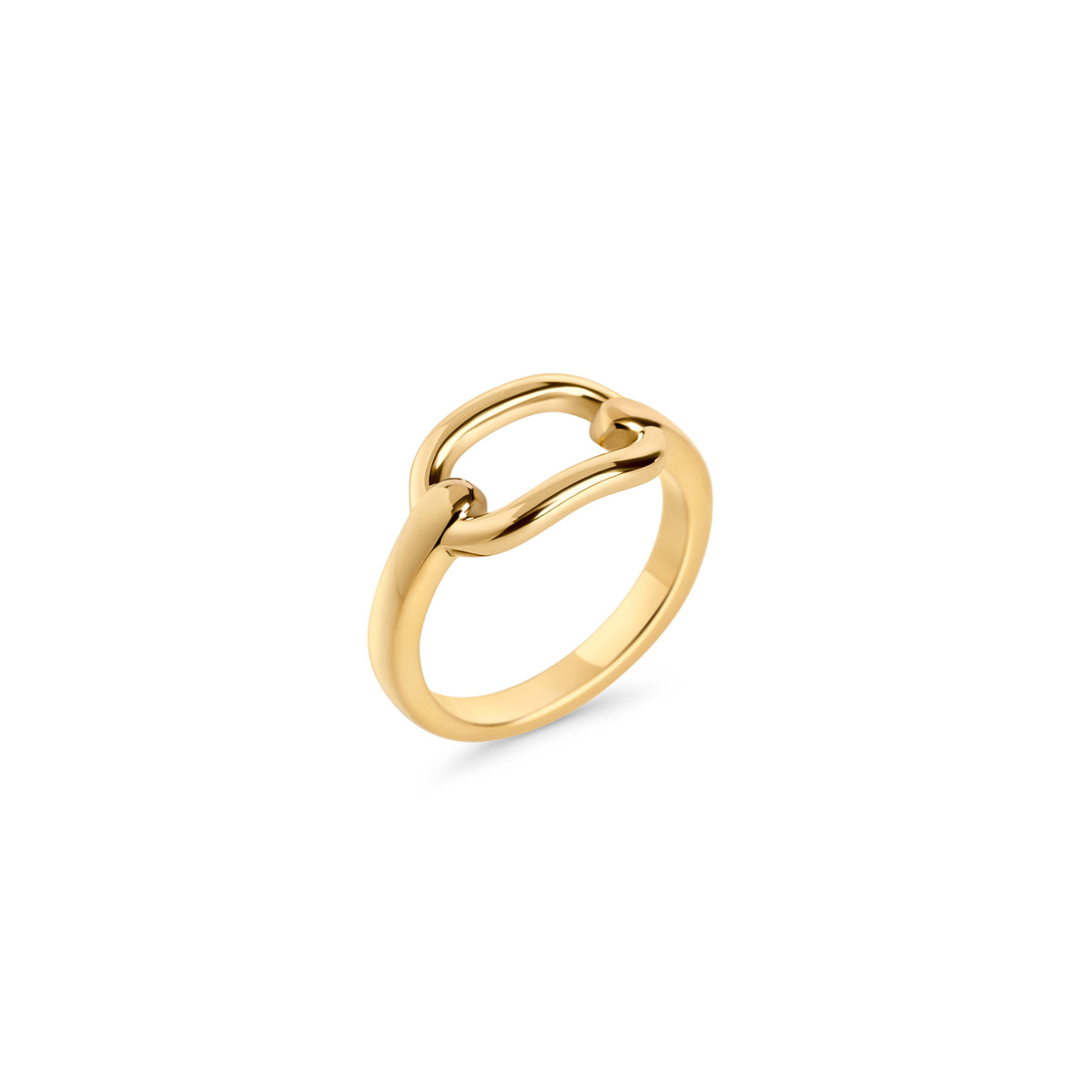Polished gold ring with an open interlocking link design on a white background. Nickel-free, waterproof & tarnish-resistant stainless steel ring for sensitive skin, minimalist luxury jewelry by Mia Bijoux Canada.

Bague dorée polie au design de maillons entrelacés ouverts sur fond blanc. Bague en acier inoxydable sans nickel, résistante à l'eau et anti-ternissement pour peaux sensibles, bijouterie de luxe minimaliste par Mia Bijoux Canada.