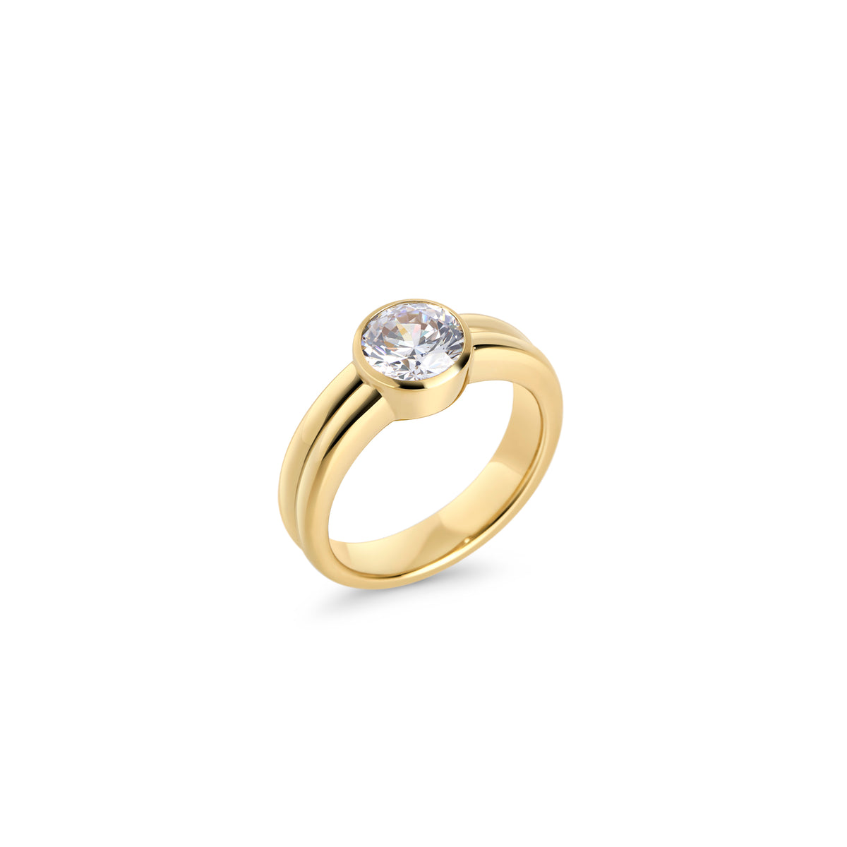 Gold stainless steel solitaire ring with round cubic zirconia stone, minimalist durable ring design, hypoallergenic jewelry safe for sensitive skin, elegant everyday statement ring.
