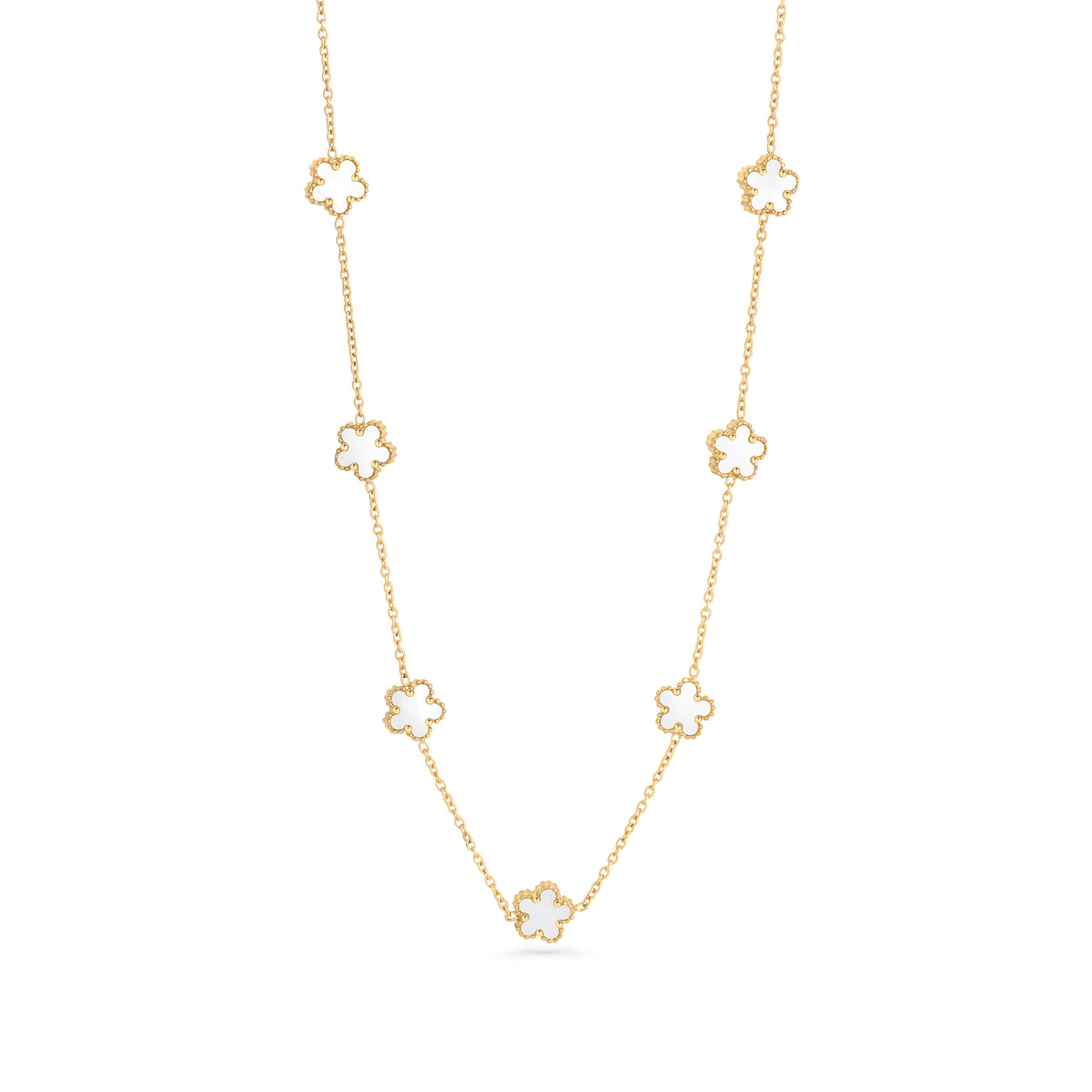 A gold chain necklace with white mother-of-pearl flower charms spaced along the chain, shown on a clean white background. Waterproof, stainless steel and allergy free. By MIAJWL.

Collier à chaîne dorée orné de fleurs blanches nacrées réparties le long de la chaîne, présenté sur fond blanc épuré. Résistant à l'eau, en acier inoxydable et hypoallergénique. Par MIAJWL.