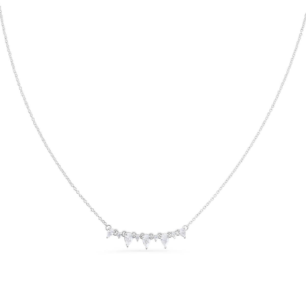 Silver stainless steel necklace with marquise and round cubic zirconia stones, delicate bar pendant design with sparkling minimalist cluster.