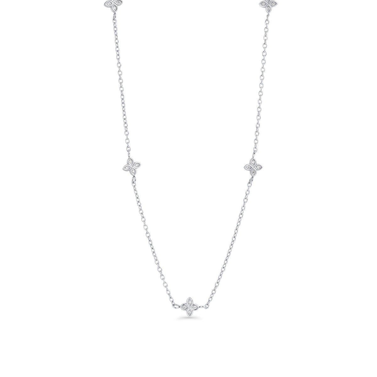 Silver long chain necklace with cubic zirconia flower charms – hypoallergenic, waterproof & non-tarnish stainless steel necklace for sensitive skin, affordable luxury jewelry by Mia Bijoux Canada