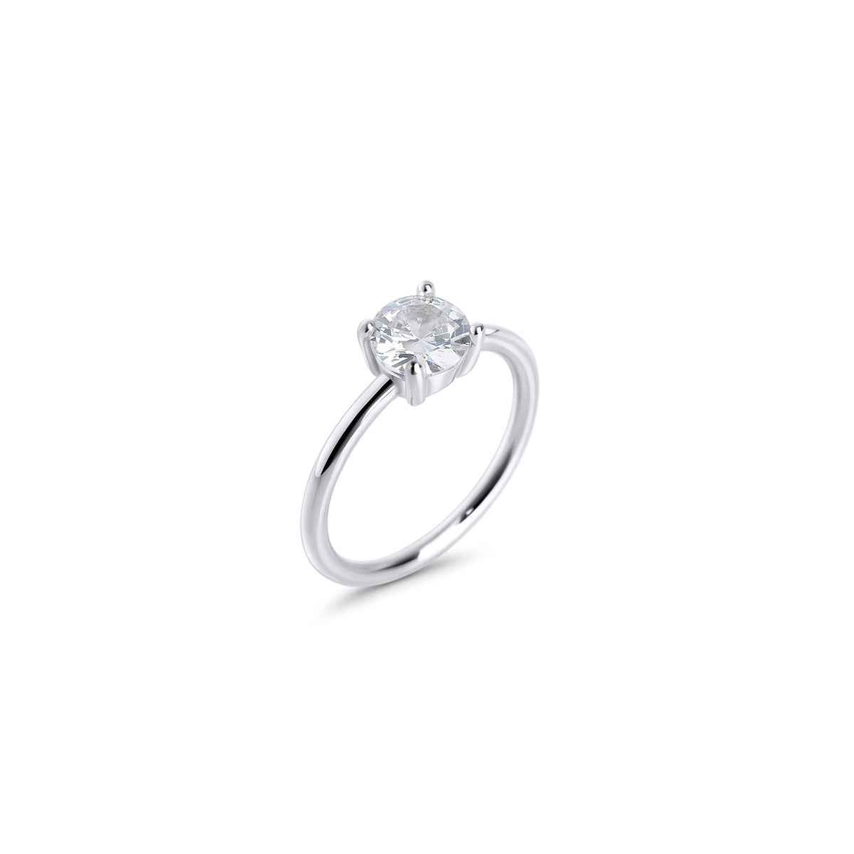 Gold stainless steel solitaire ring with round cubic zirconia, classic engagement-style ring design, durable minimalist jewelry with brilliant stone for an elegant timeless look.